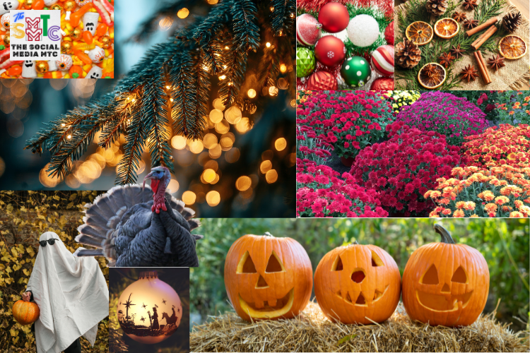 A cozy collage celebrating the overlap of autumn and Christmas: glowing evergreen branches with twinkle lights, red and green ornaments, dried oranges and cinnamon sticks, vibrant mums in red and gold, three carved jack-o’-lanterns on hay, a playful ghost holding a pumpkin, a turkey symbolizing Thanksgiving, and a warm nativity ornament scene—all surrounded by The Social Media MTC logo—capturing the joy of seasonal transitions from harvest to holidays.